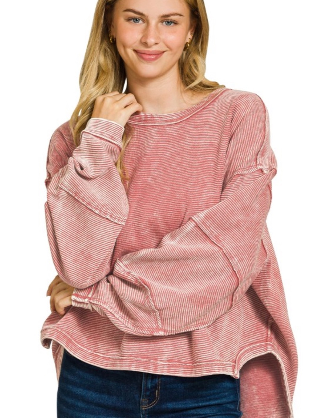 Zenana Rose Cotton Acid Washed Pullover Sweatshirt